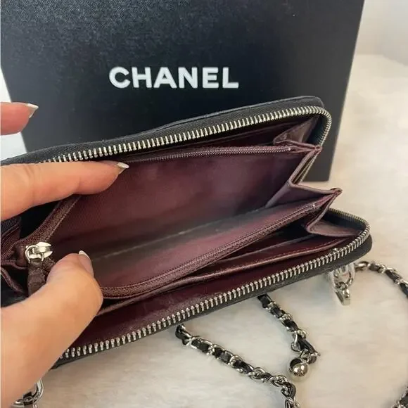 CHANEL CC QUILTED LAMBSKIN ZIP AROUND WALLET ON A CHAIN. Box & COA Included